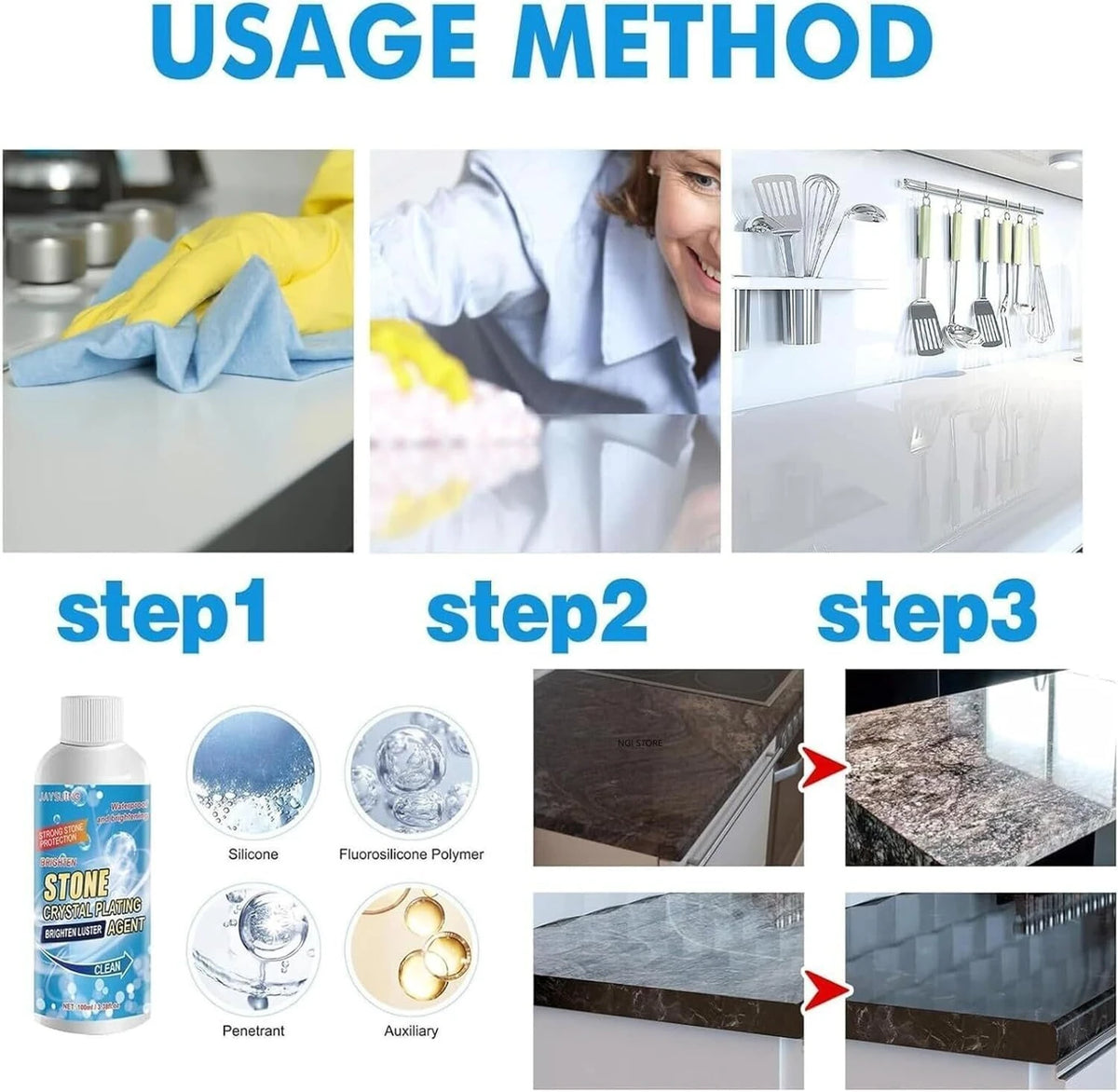 Ultra shine Stone polish Multi-Surface Stone Stain Remover Cleaner Stain Remover 100ml each (Pack of 3)