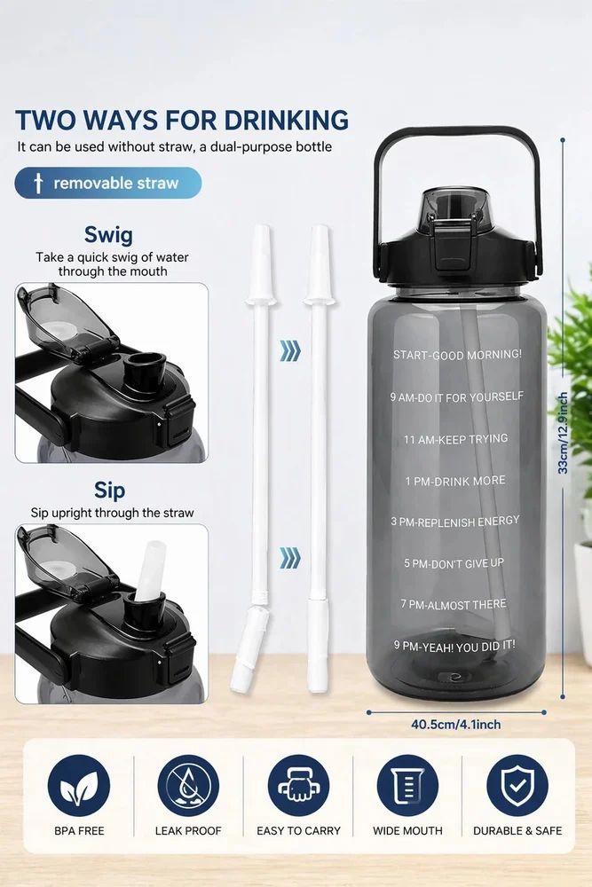 Transparent Water Bottle | Motivational Sports Water Bottle with Time Marker and Straw, Leakproof Sipper Flask for Gym, Office and Outdoor Fitness.(Pack of 1)